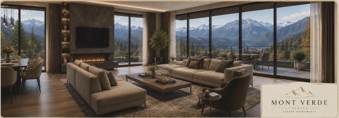 Bright living room of a new-build apartment in Bansko with mountain view