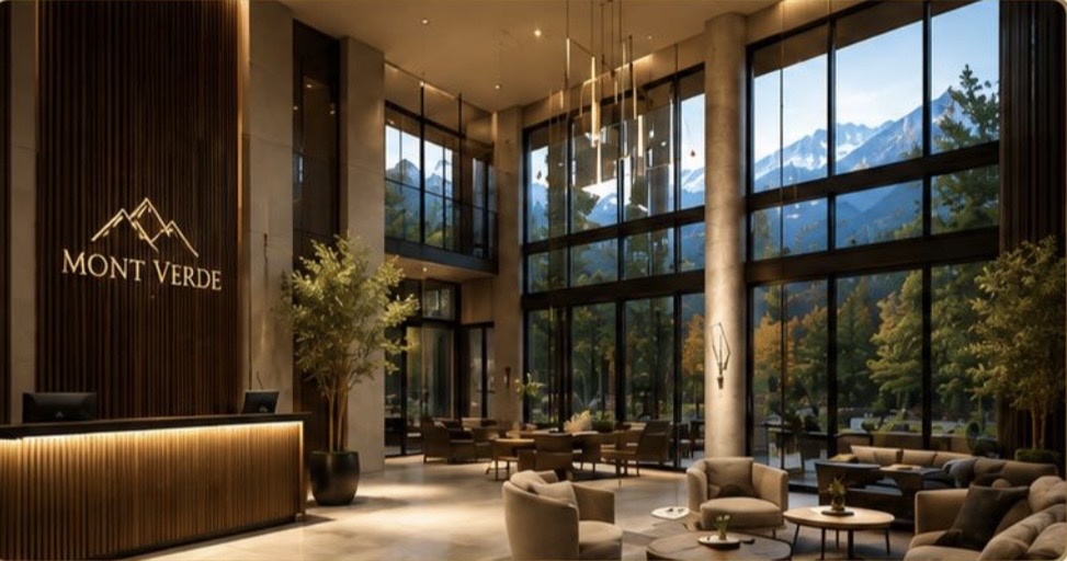 Lobby lounge with fireplace and mountain view at dusk