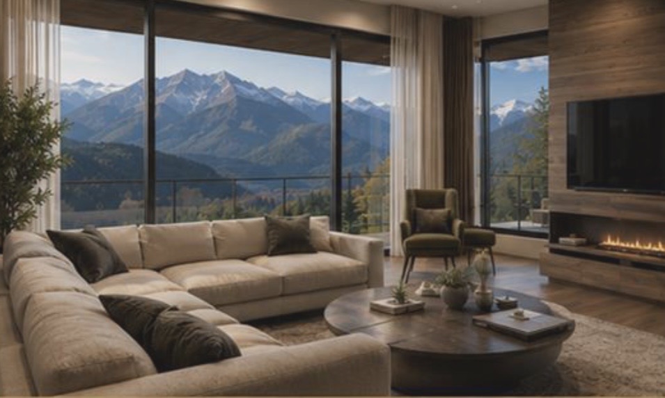 Covered penthouse roof terrace with panoramic Pirin view at sunset